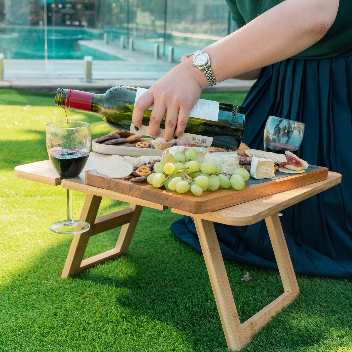 Living Today Bamboo Bamboo Foldable Picnic Table Tray with Wine and Glass Holders