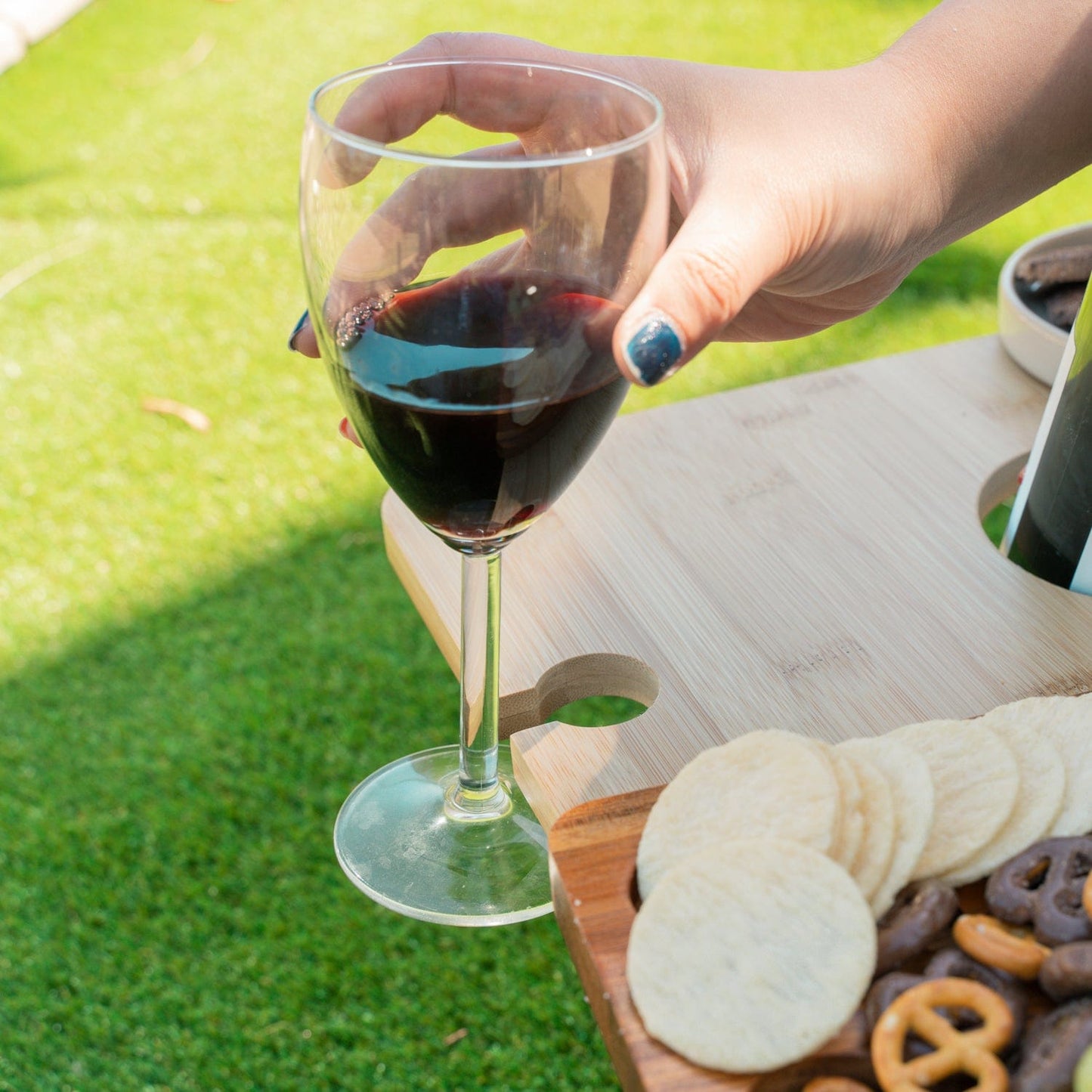 Living Today Bamboo Bamboo Foldable Picnic Table Tray with Wine and Glass Holders