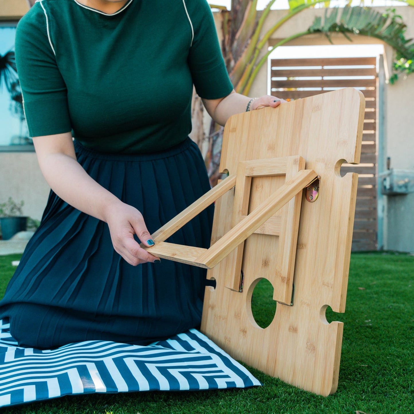 Living Today Bamboo Bamboo Foldable Picnic Table Tray with Wine and Glass Holders