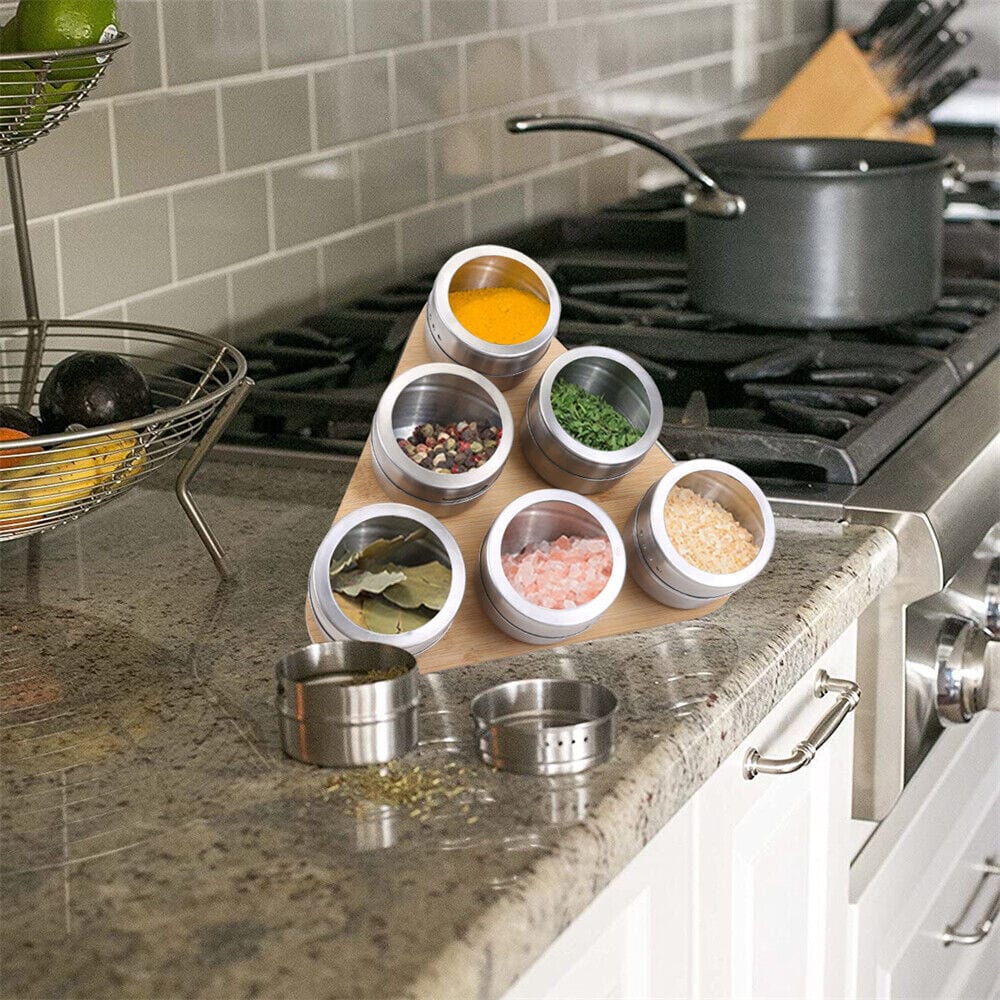 Clevinger Bamboo Magnetic Triangular Bamboo Spice Rack & Jars For Kitchen Storage