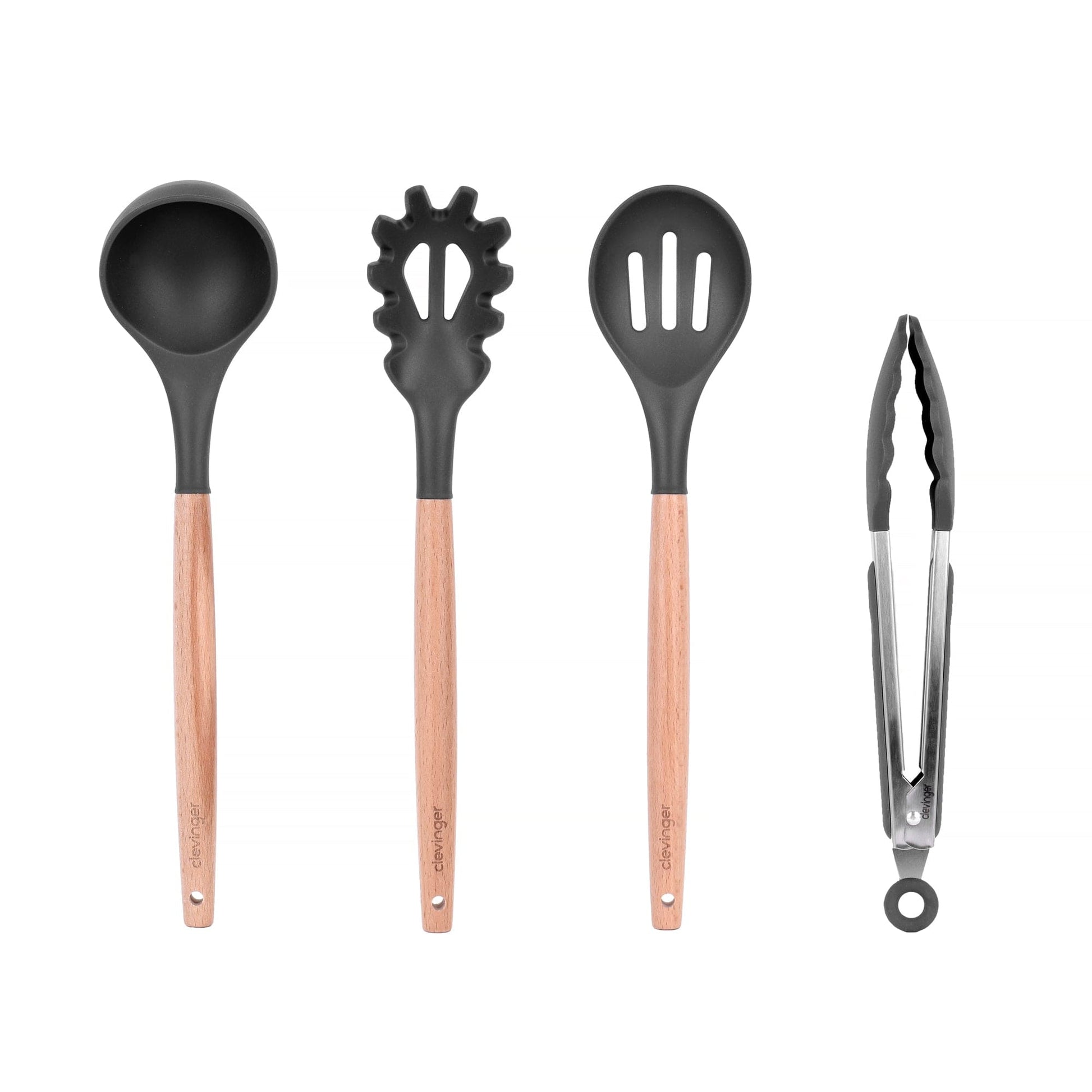 Clevinger cookware Beechwood & Silicone Kitchen Serving Utensils Set - Ladle/Pasta Server/Tongs/Slotted Spoon - Charcoal