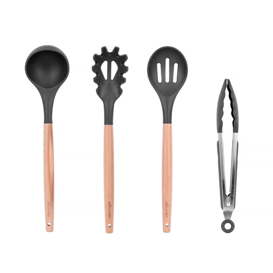 Clevinger cookware Beechwood & Silicone Kitchen Serving Utensils Set - Ladle/Pasta Server/Tongs/Slotted Spoon - Charcoal