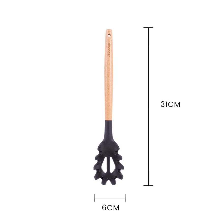 Clevinger cookware Beechwood & Silicone Kitchen Serving Utensils Set - Ladle/Pasta Server/Tongs/Slotted Spoon - Charcoal