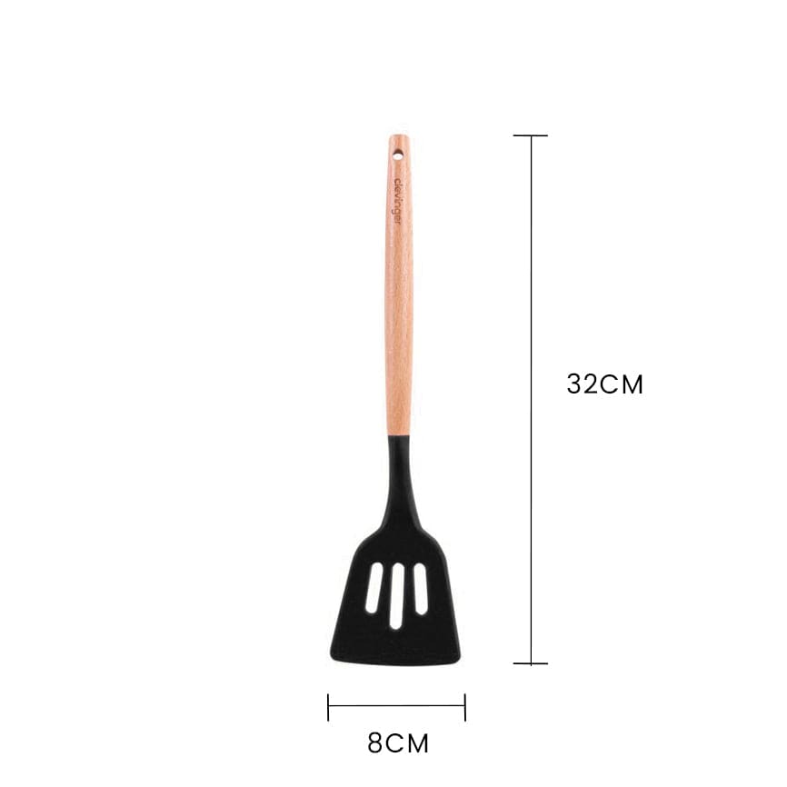 Clevinger cookware Beechwood & Silicone Kitchen Cooking Utensils Set - Turner/Spoon/Slotted Turner  - Charcoal