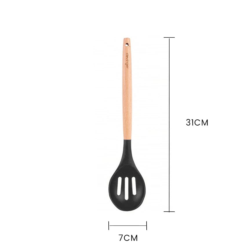 Clevinger cookware Beechwood & Silicone Kitchen Serving Utensils Set - Ladle/Pasta Server/Tongs/Slotted Spoon - Charcoal