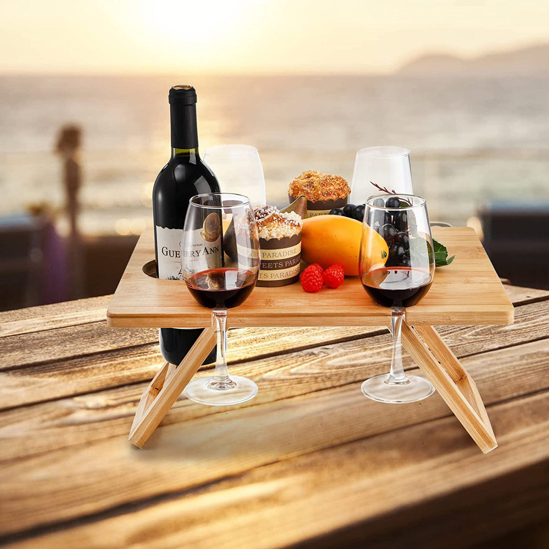 Elevate Your Outdoor Dining Experience with the Versatile Bamboo Serving Picnic Tray with Wine Glass Holder!