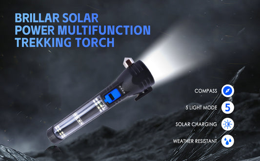 Stay Prepared with the Brillar 150 Lumen Solar Power USB Rechargeable Multifunction Trekking Torch
