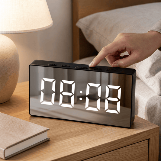 Living Today Clevinger Black LED Mirror Alarm Clock with Snooze | 13cm