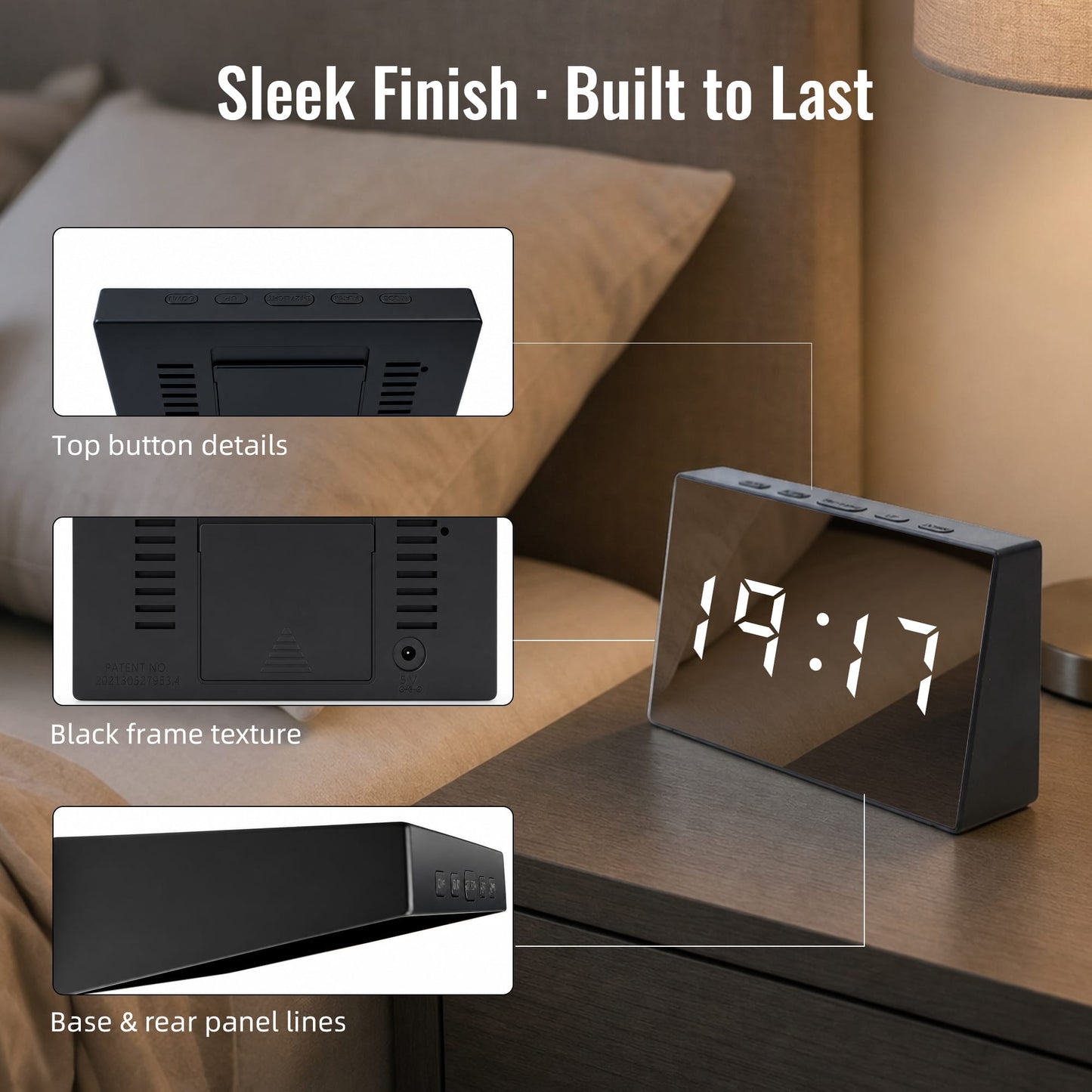 Living Today Clevinger Black LED Mirror Alarm Clock with Snooze | 13cm