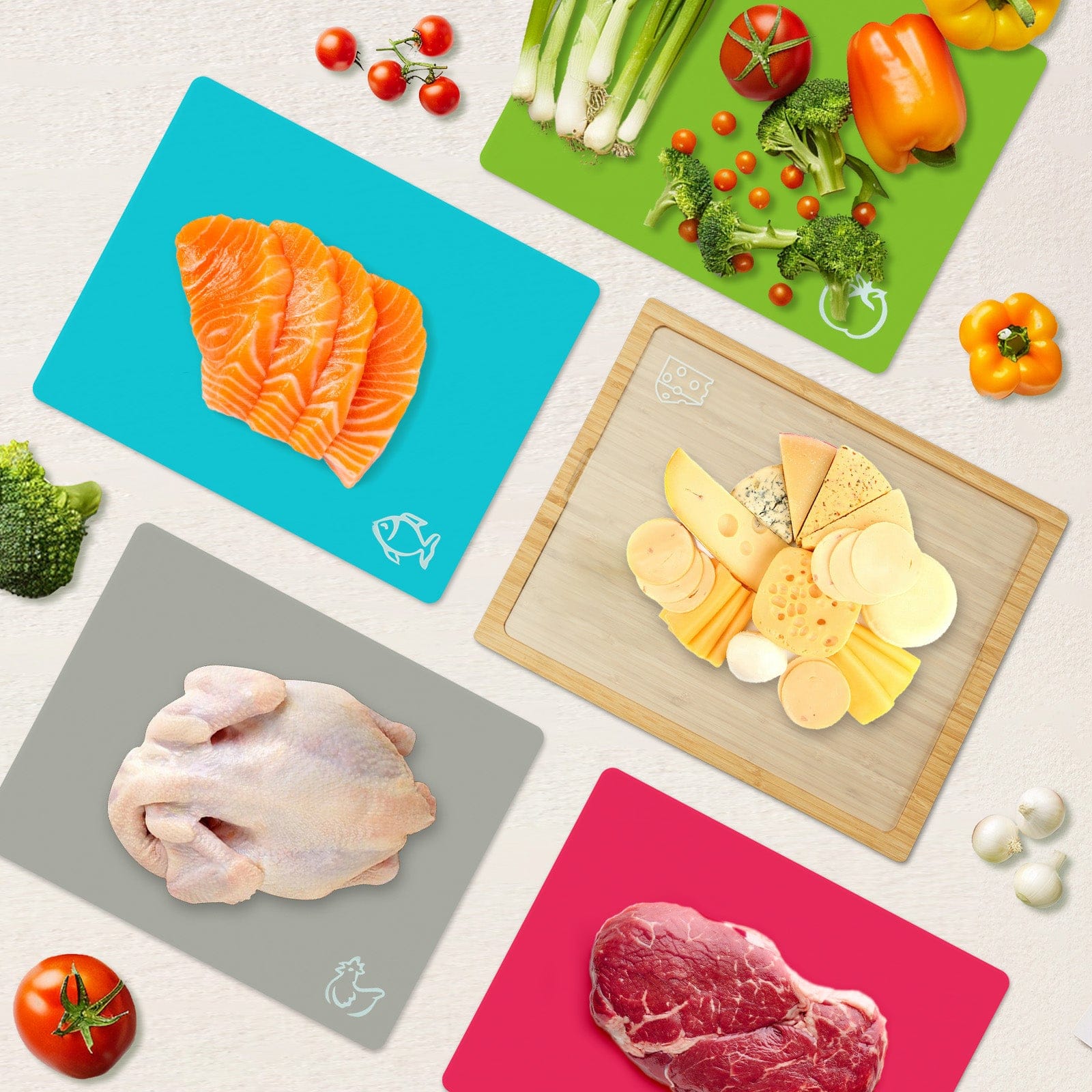Living Today chopping board Bamboo Chopping Board with set of 5 Color-Coded Flexible Cutting Mats