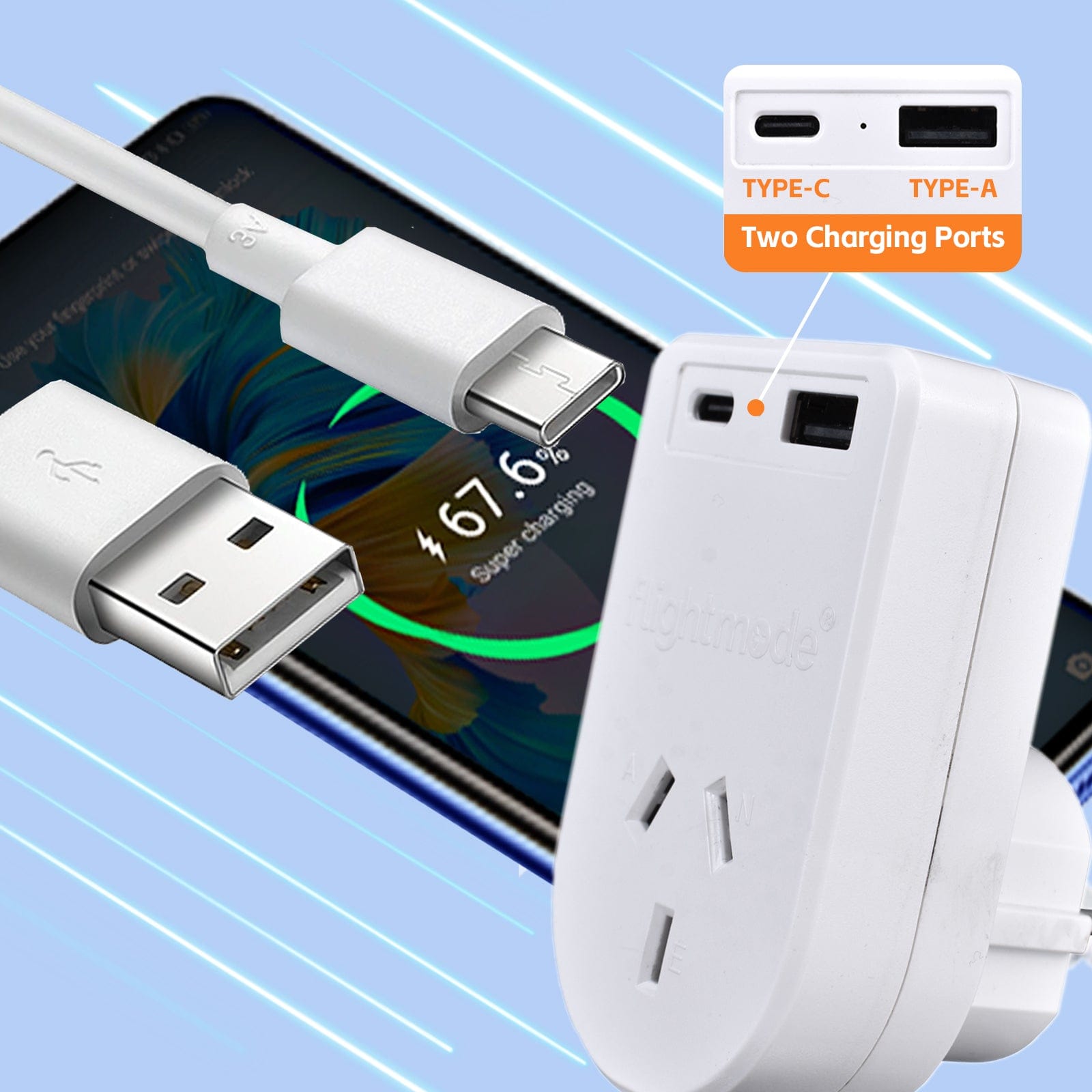 Flightmode travel adptor Flightmode Outbound AU/NZ to USA/CANADA Travel Adaptor with USB Type C & A