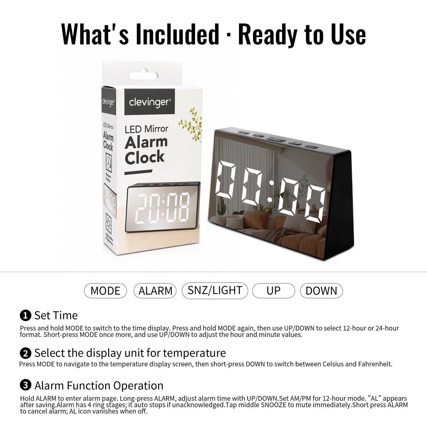 Living Today Clevinger Black LED Mirror Alarm Clock with Snooze | 13cm