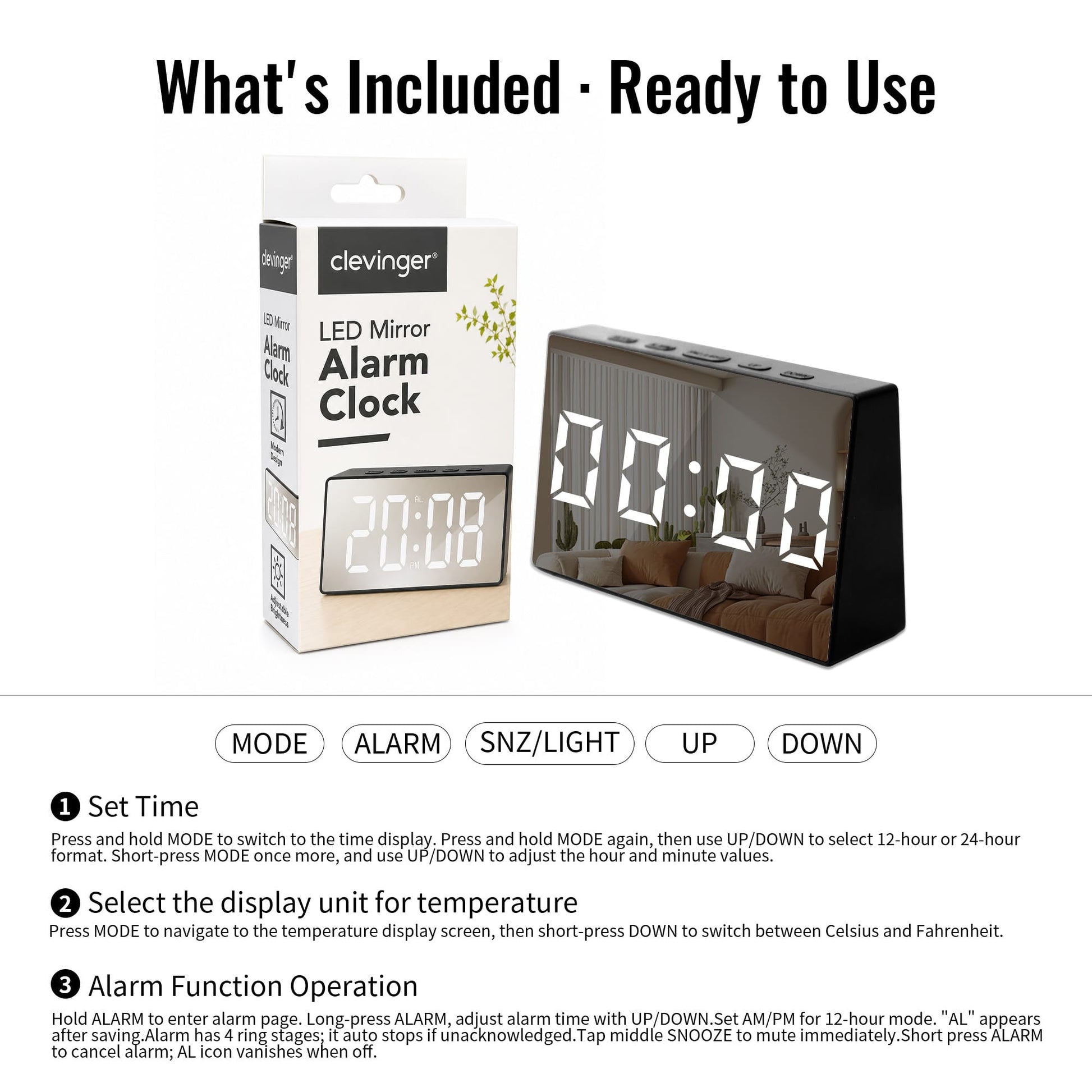 Living Today Clevinger Black LED Mirror Alarm Clock with Snooze | 13cm