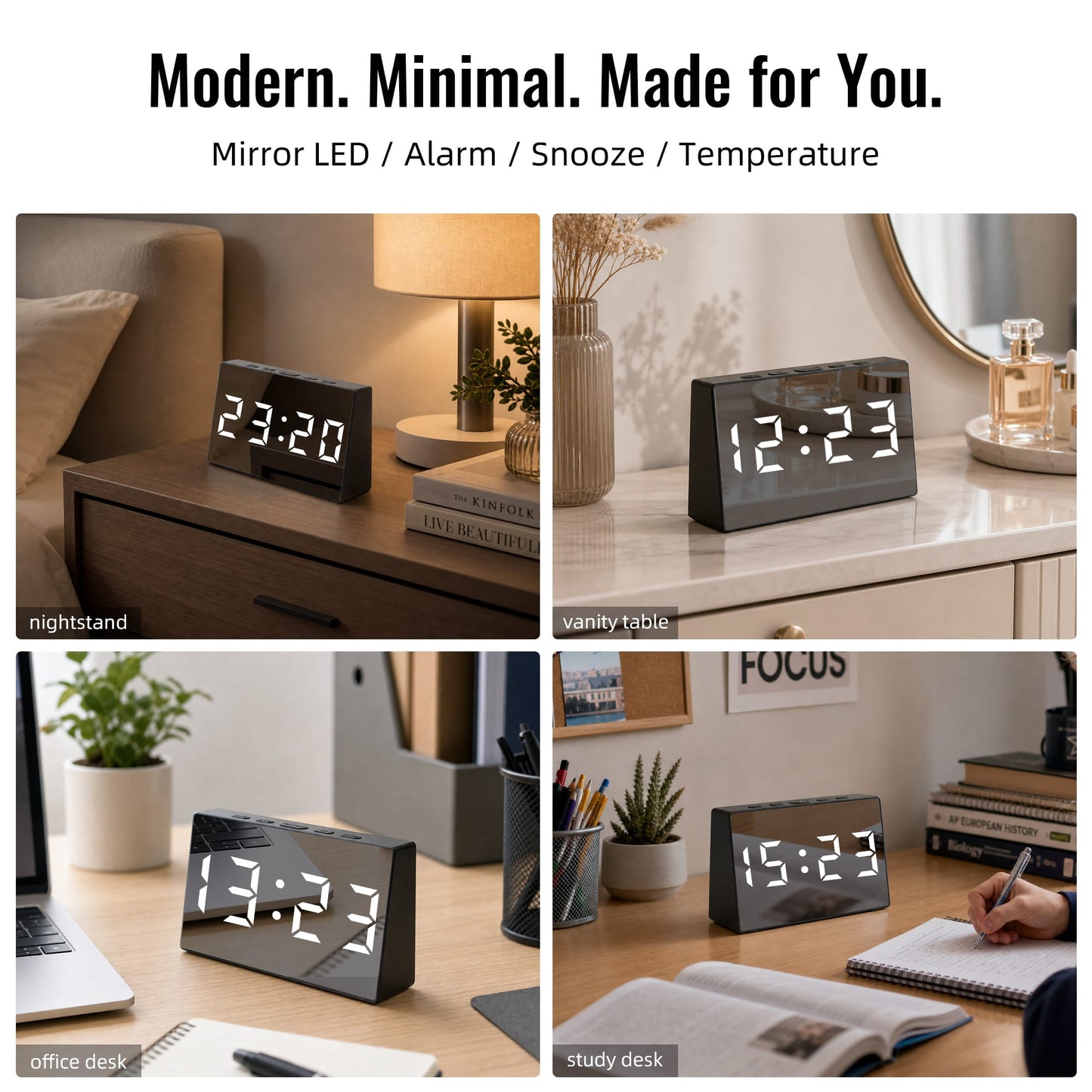 Living Today Clevinger Black LED Mirror Alarm Clock with Snooze | 13cm