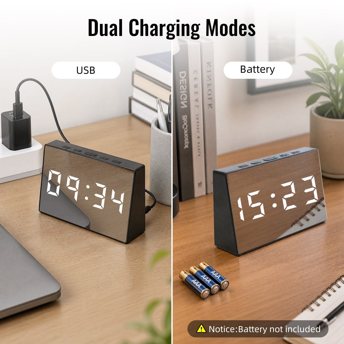 Living Today Clevinger Black LED Mirror Alarm Clock with Snooze | 13cm