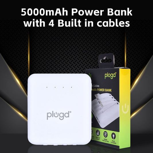 plugd power bank 5000mAh Fast Charge Power Bank with 4 Built-in Cables and LED Lights