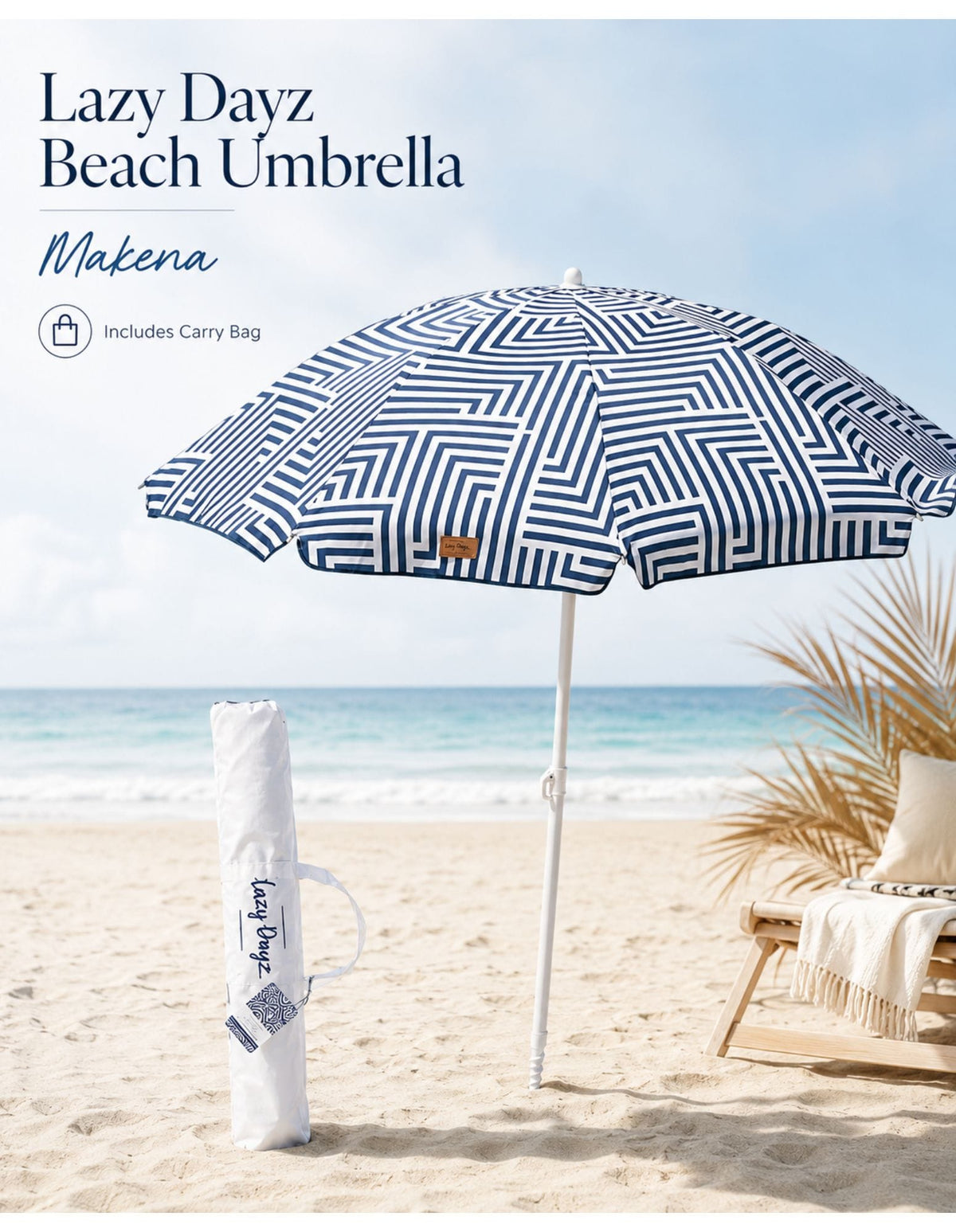 Lazy Dayz Beach Accessories Lazy Dayz 1.8m Tiltable Beach Umbrella with Carry Bag - Makena