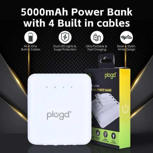 plugd power bank 5000mAh Fast Charge Power Bank with 4 Built-in Cables and LED Lights