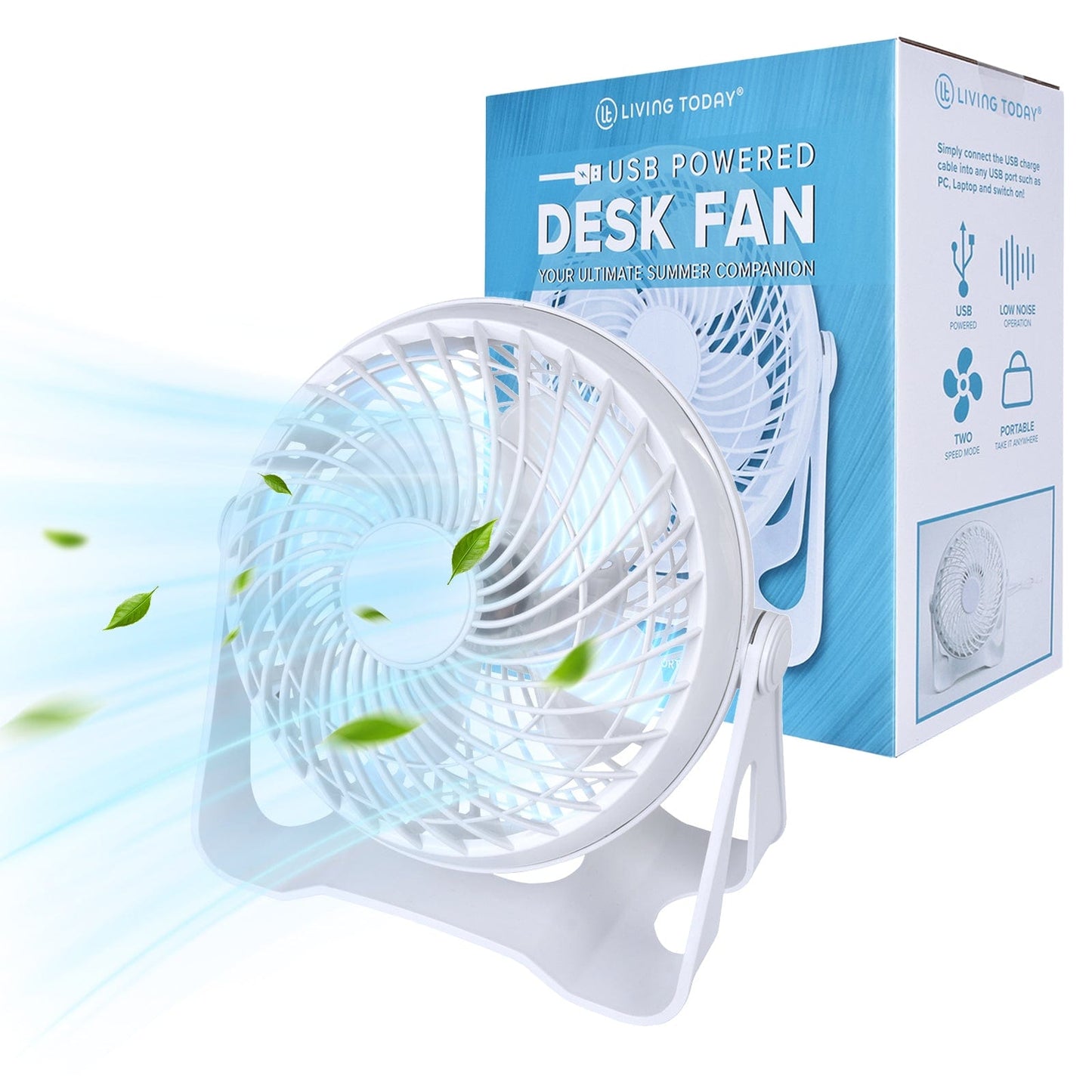 Living Today USB Powered Desk Fan – Portable 2-Speed Adjustable Angle Cooling Fan (White)