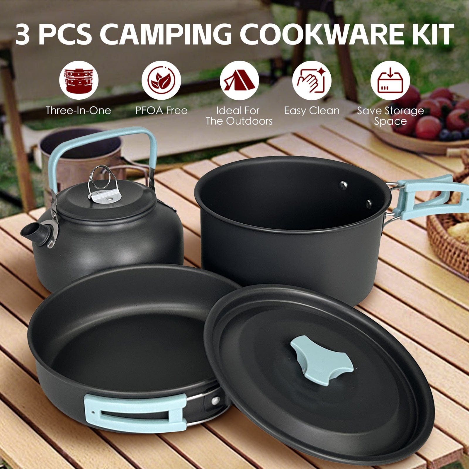 Cookeasy 3Pcs Camping Cooking Set – Lightweight Anodised Aluminium Outdoor Cookware Kit with Heat-Resistant Handles