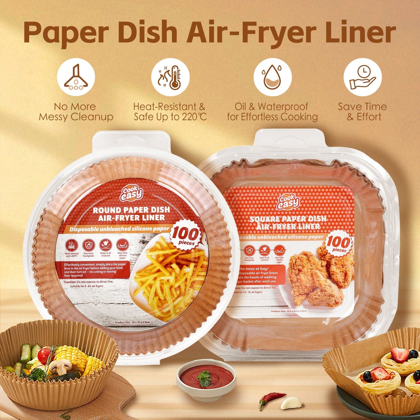 COOK EASY Air Fryer Liner 200 Pcs Disposable Unbleached Silicone Paper Dish Air-fryer Liner (100 small square + 100 large square)