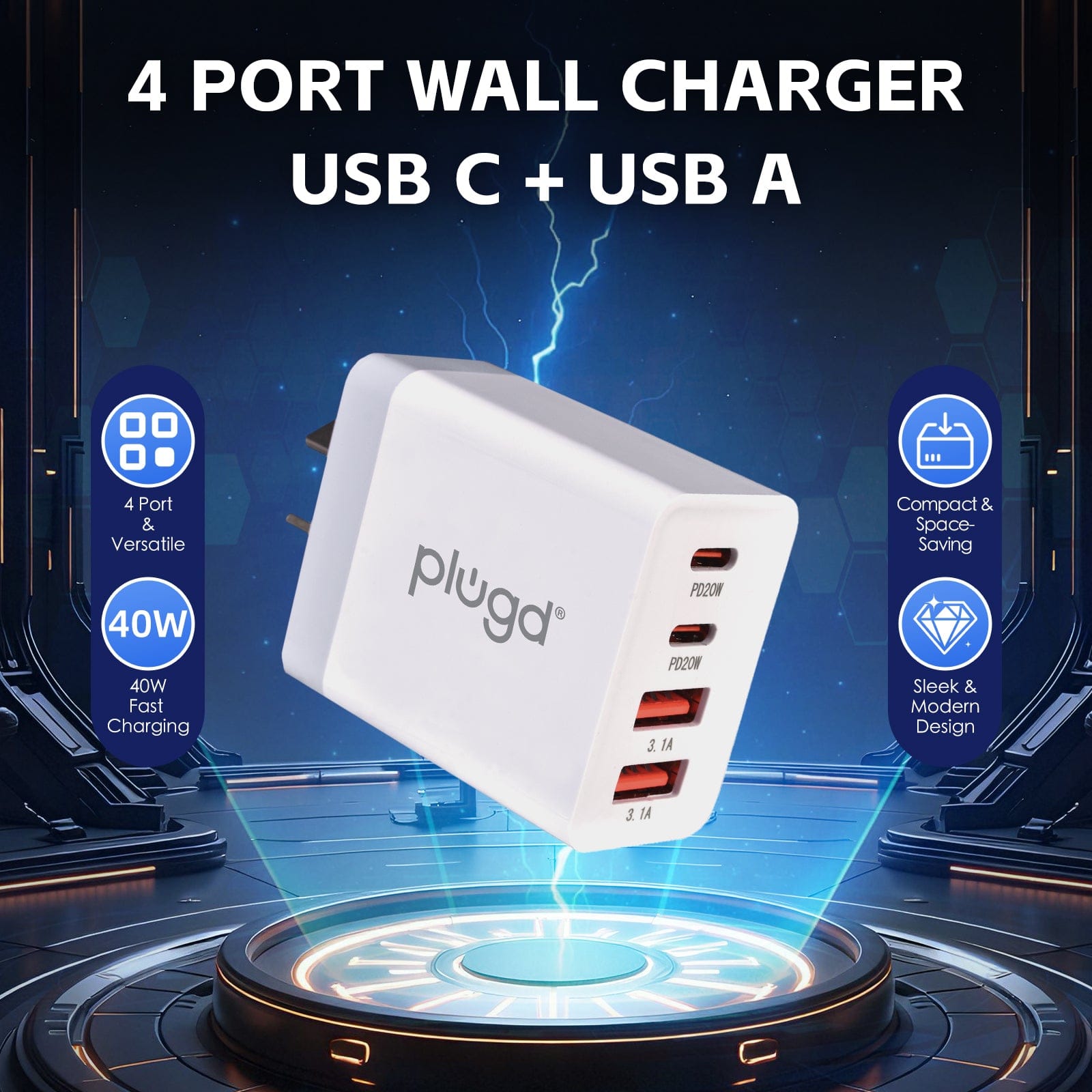 plugd USB charger 4 PORT  WALL CHARGER USB C+USB A