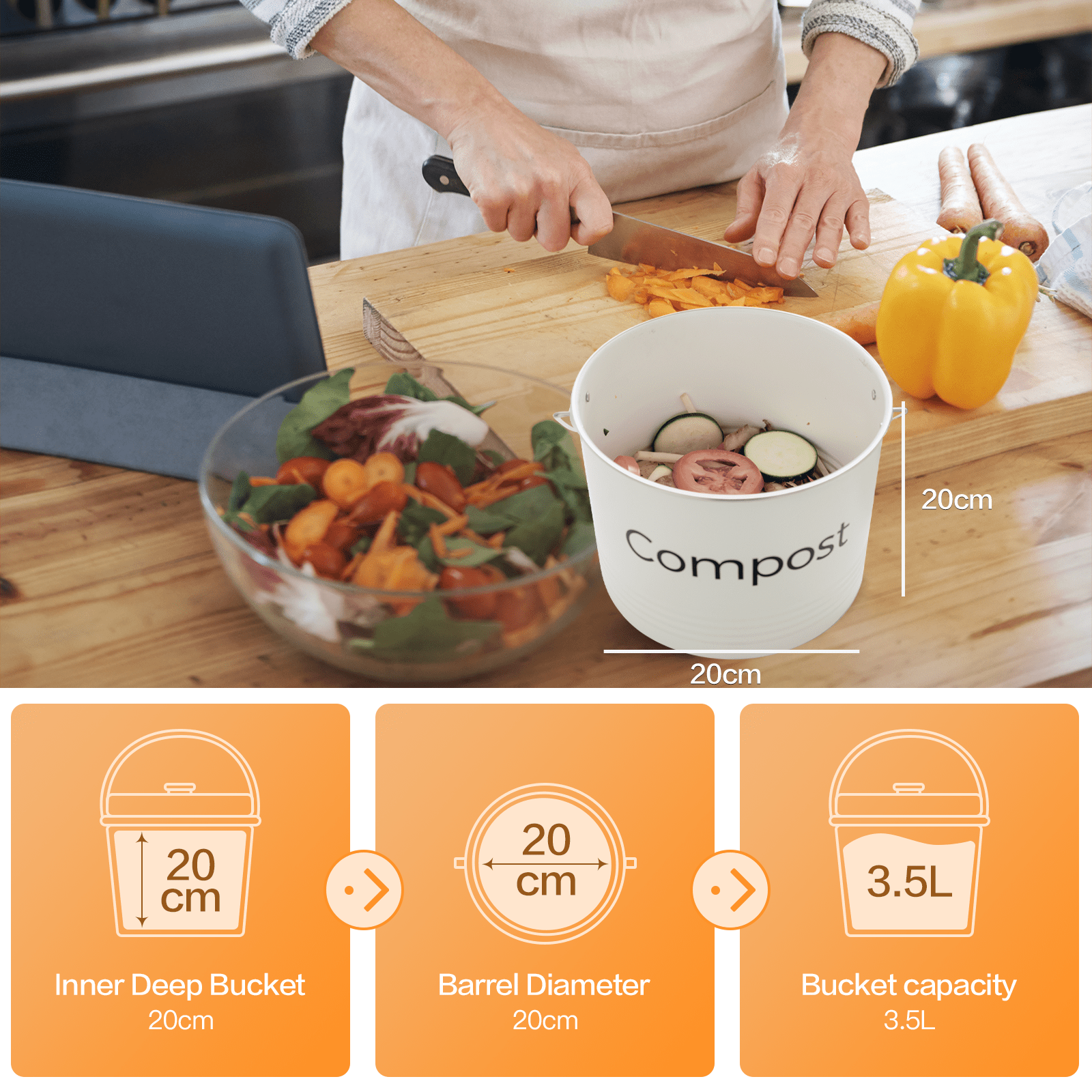 Living Today Kitchen 5L Kitchen Bench Compost Bin with 6 Replacement Activated Carbon Filters