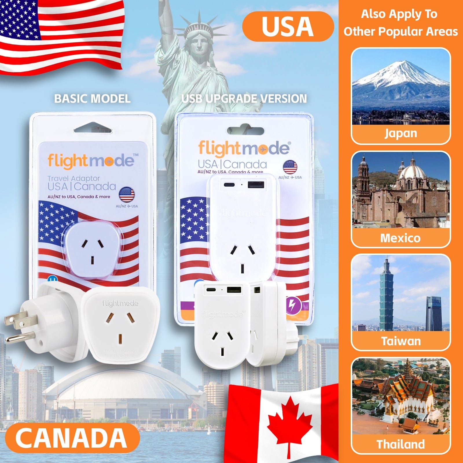 Flightmode travel adptor Flightmode Outbound AU/NZ to USA/CANADA Travel Adaptor with USB Type C & A