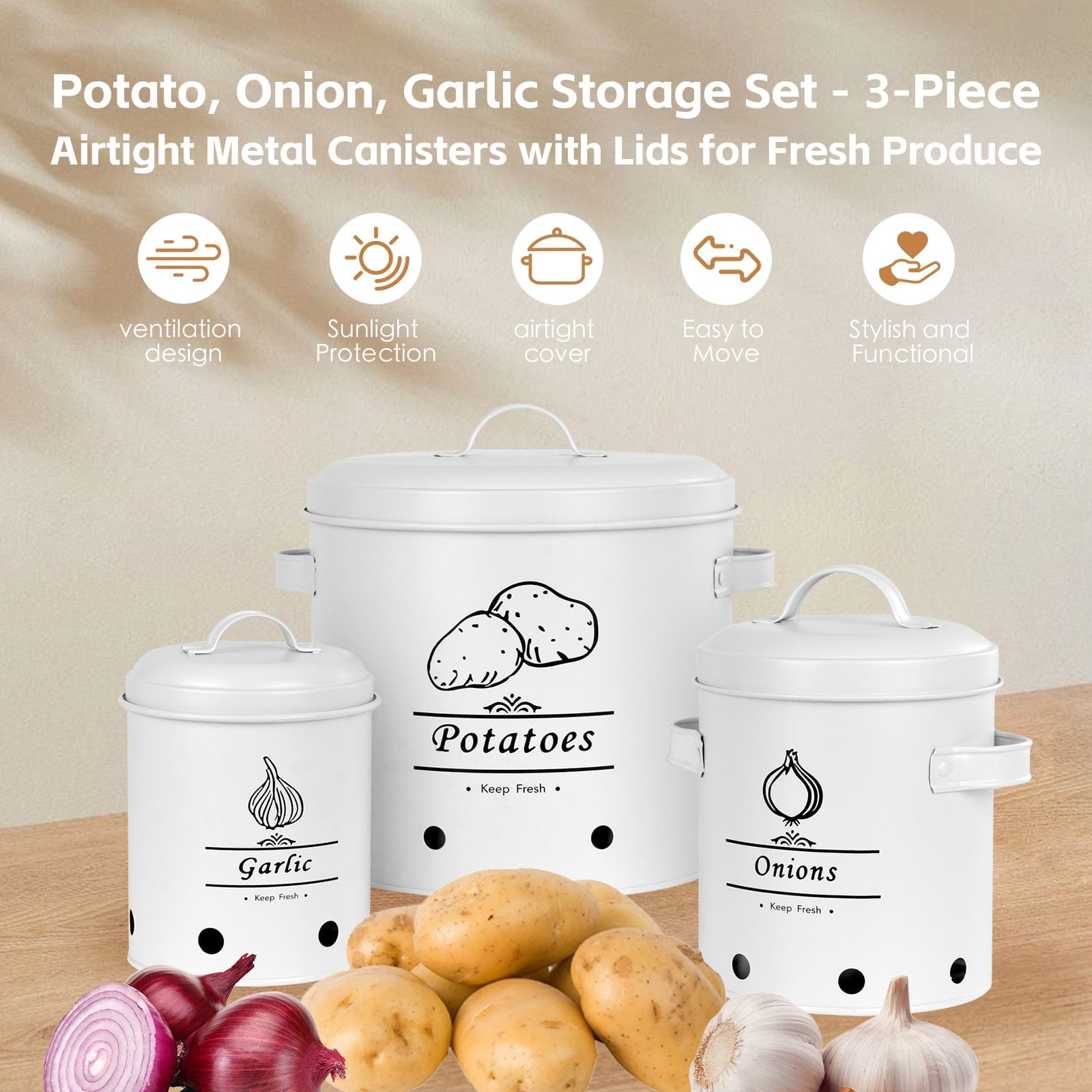 Clevinger Kitchen 3 Pcs Galvanised Iron Fruit Vegetable Storage Tins