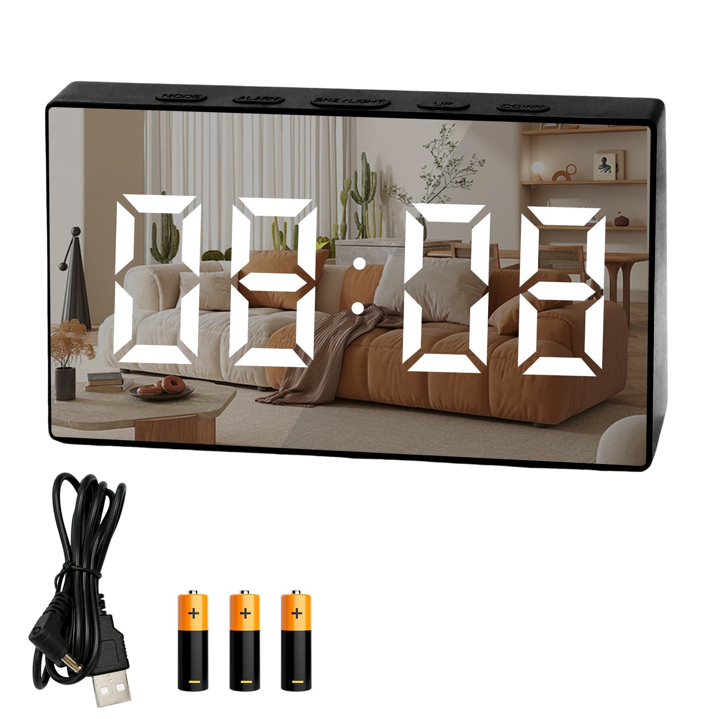 Living Today Clevinger Black LED Mirror Alarm Clock with Snooze | 13cm