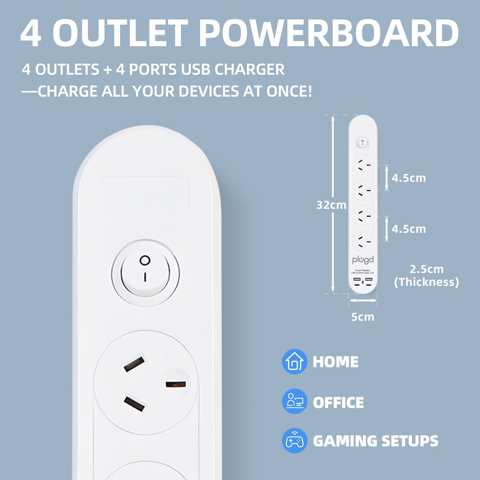 plugd powerboard Plugd 2 USB A + 2 USB C 240V 10A Powerboard with 【Surge Protection】