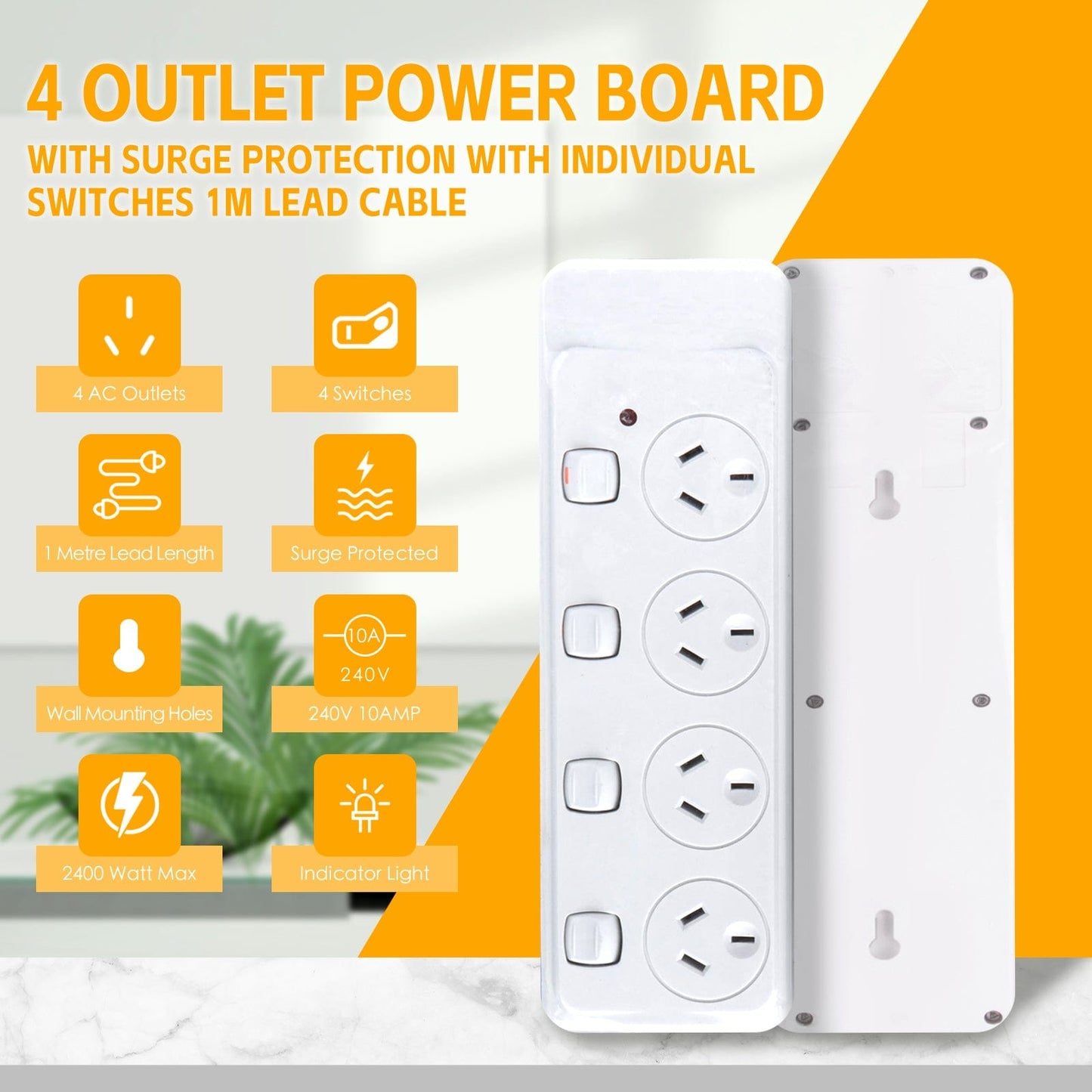 plugd Extension Cords 4 Outlet Power Board With 【Surge Protectionã€?with Individual Switches 1M Lead Cable