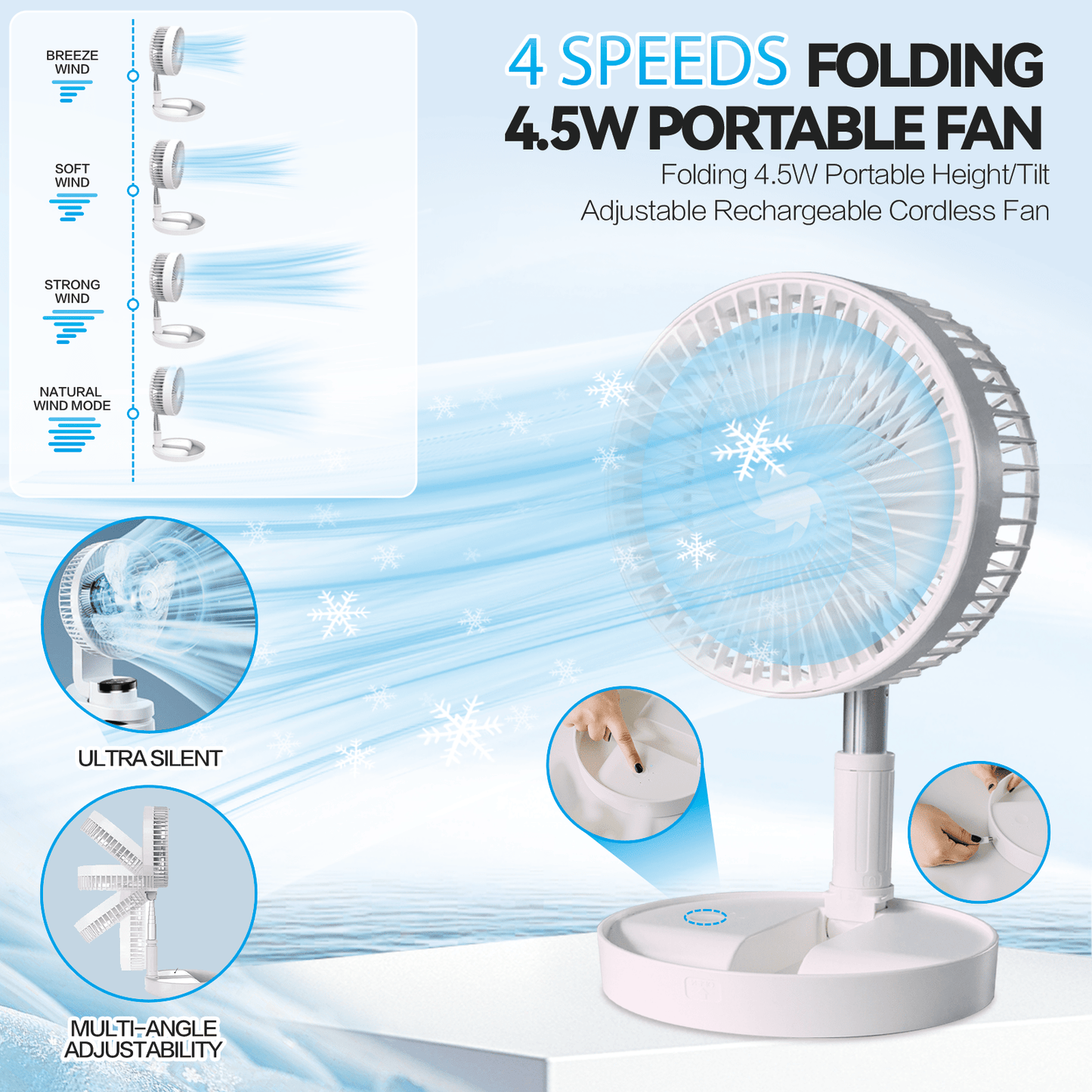 Living Today Fans Folding Telescopic 4.5W Portable Height/Tilt Adjustable Rechargeable Cordless Fan