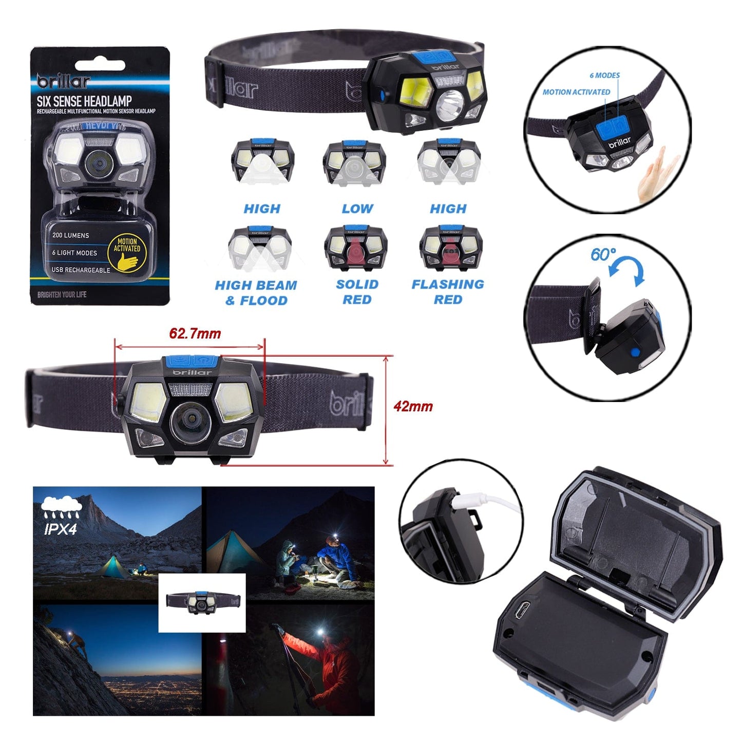 Brillar Headlamps Brillar Sixth Sense - 200 Lumen 6 Mode Rechargeable Headlamp