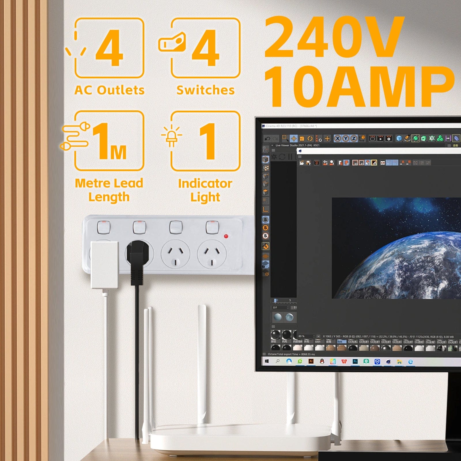 plugd Extension Cords 4 Outlet Power Board With 【Surge Protectionã€?with Individual Switches 1M Lead Cable
