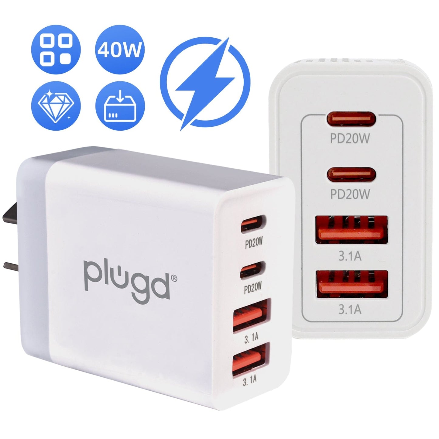 plugd USB charger 4 PORT  WALL CHARGER USB C+USB A