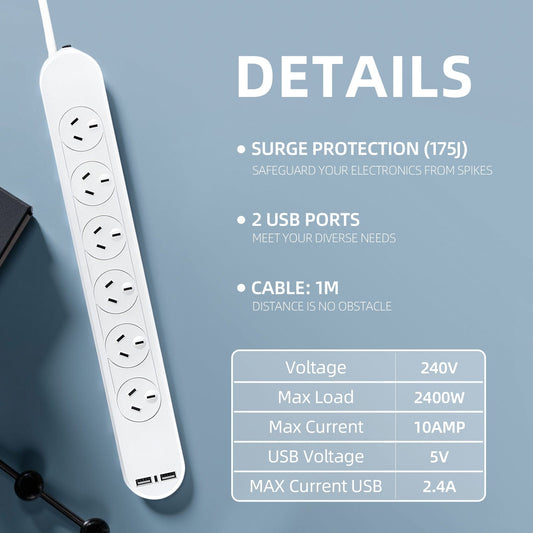 plugd Electrical 6 Outlet Powerboard With 【Surge Protectionã€?and Dual USB Charger 1M Lead Cable