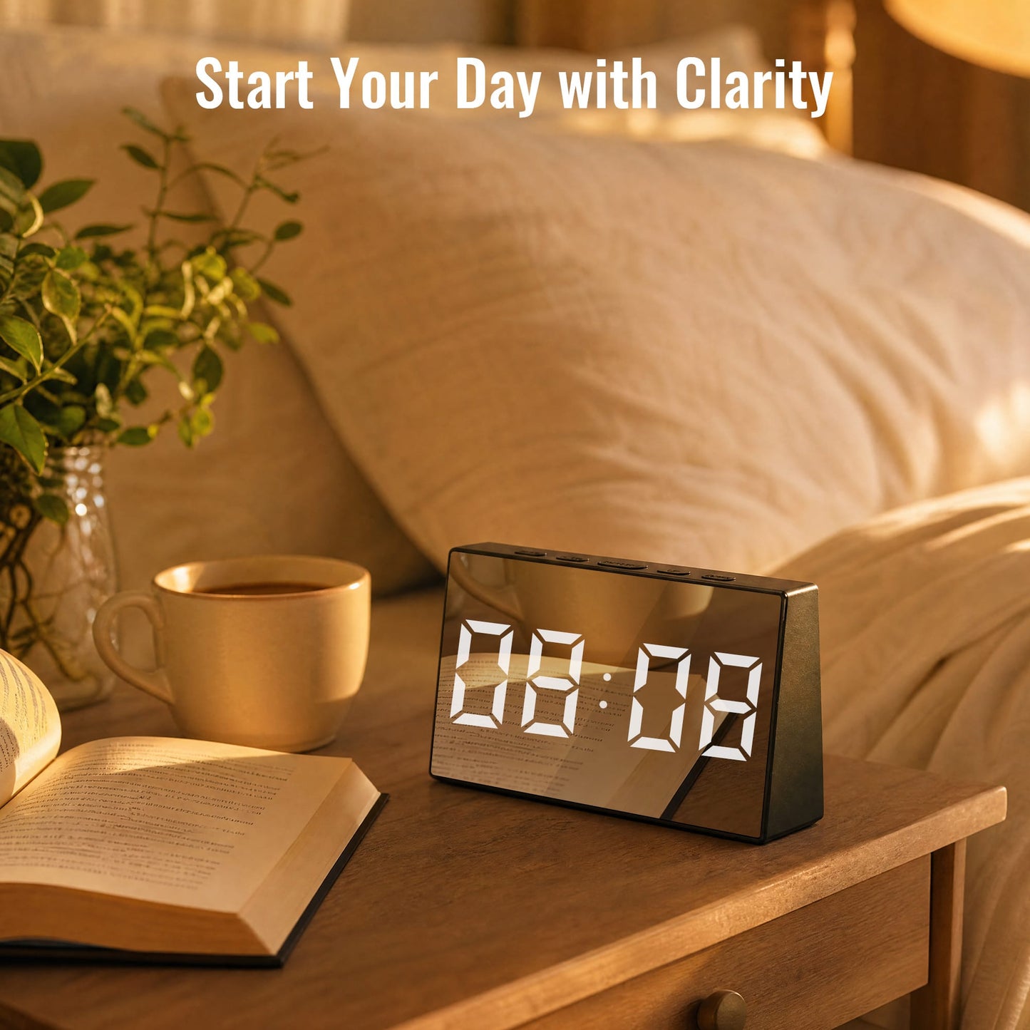 Living Today Clevinger Black LED Mirror Alarm Clock with Snooze | 13cm