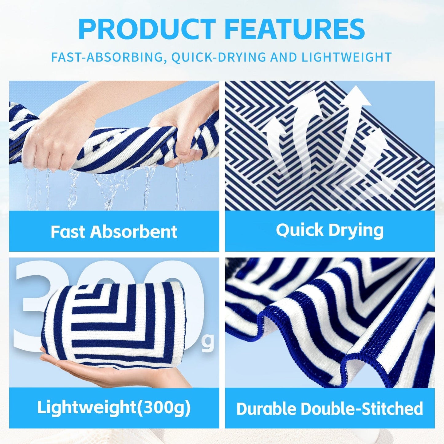 Lazy Dayz towel Rectangular Quick Dry Beach Towel with Tassel - Blue