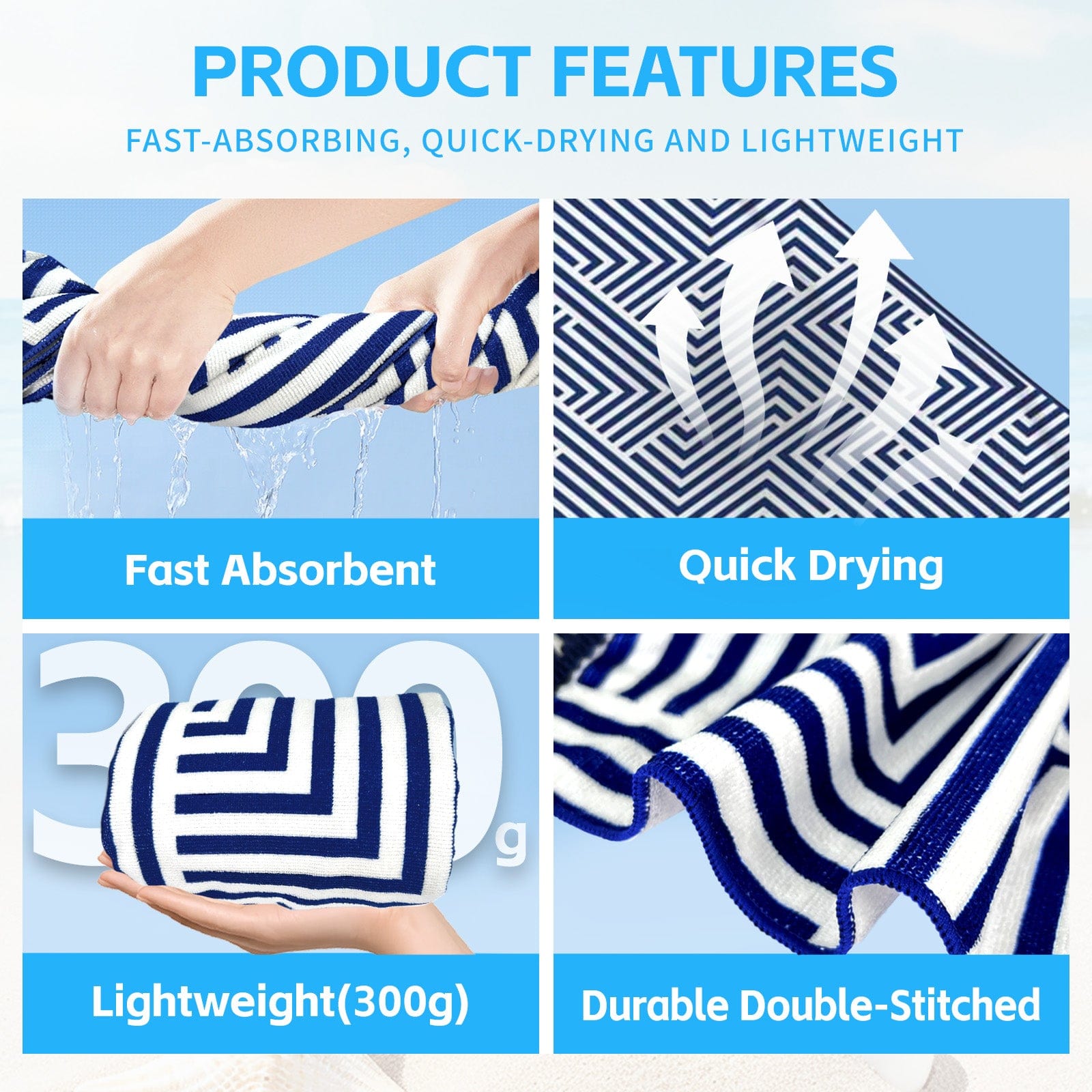 Lazy Dayz towel Rectangular Quick Dry Beach Towel with Tassel - Blue