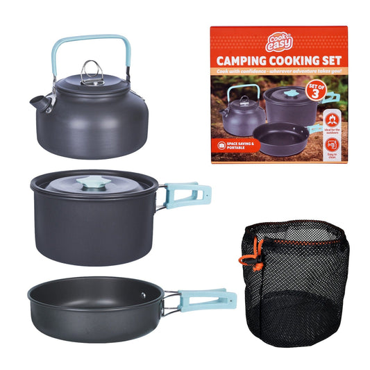 Cookeasy 3Pcs Camping Cooking Set – Lightweight Anodised Aluminium Outdoor Cookware Kit with Heat-Resistant Handles