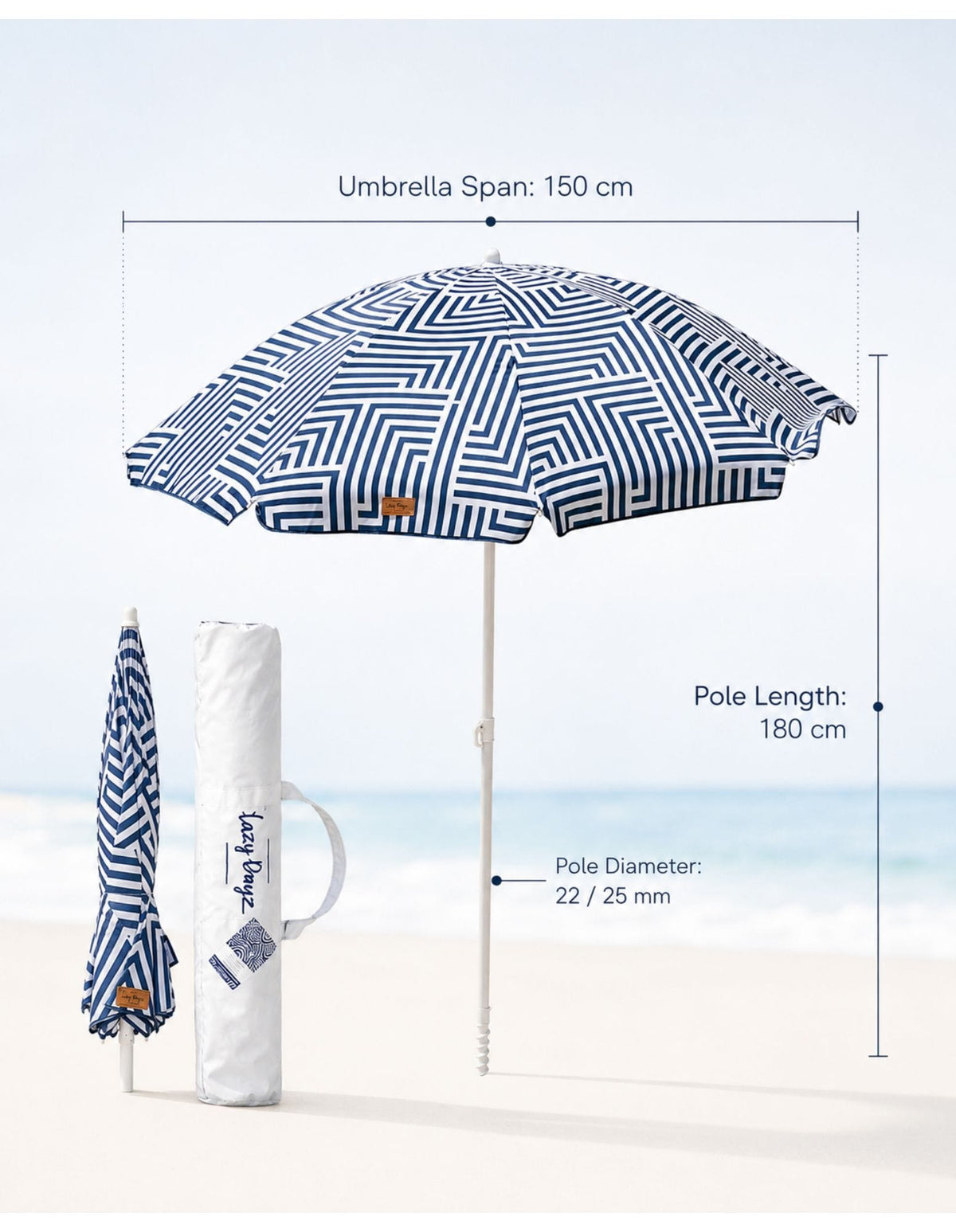 Lazy Dayz Beach Accessories Lazy Dayz 1.8m Tiltable Beach Umbrella with Carry Bag - Makena