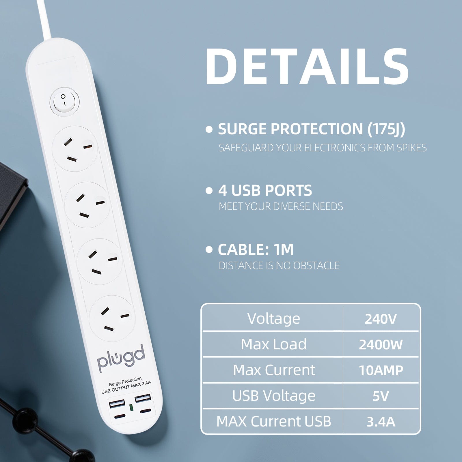 plugd powerboard Plugd 2 USB A + 2 USB C 240V 10A Powerboard with 【Surge Protection】