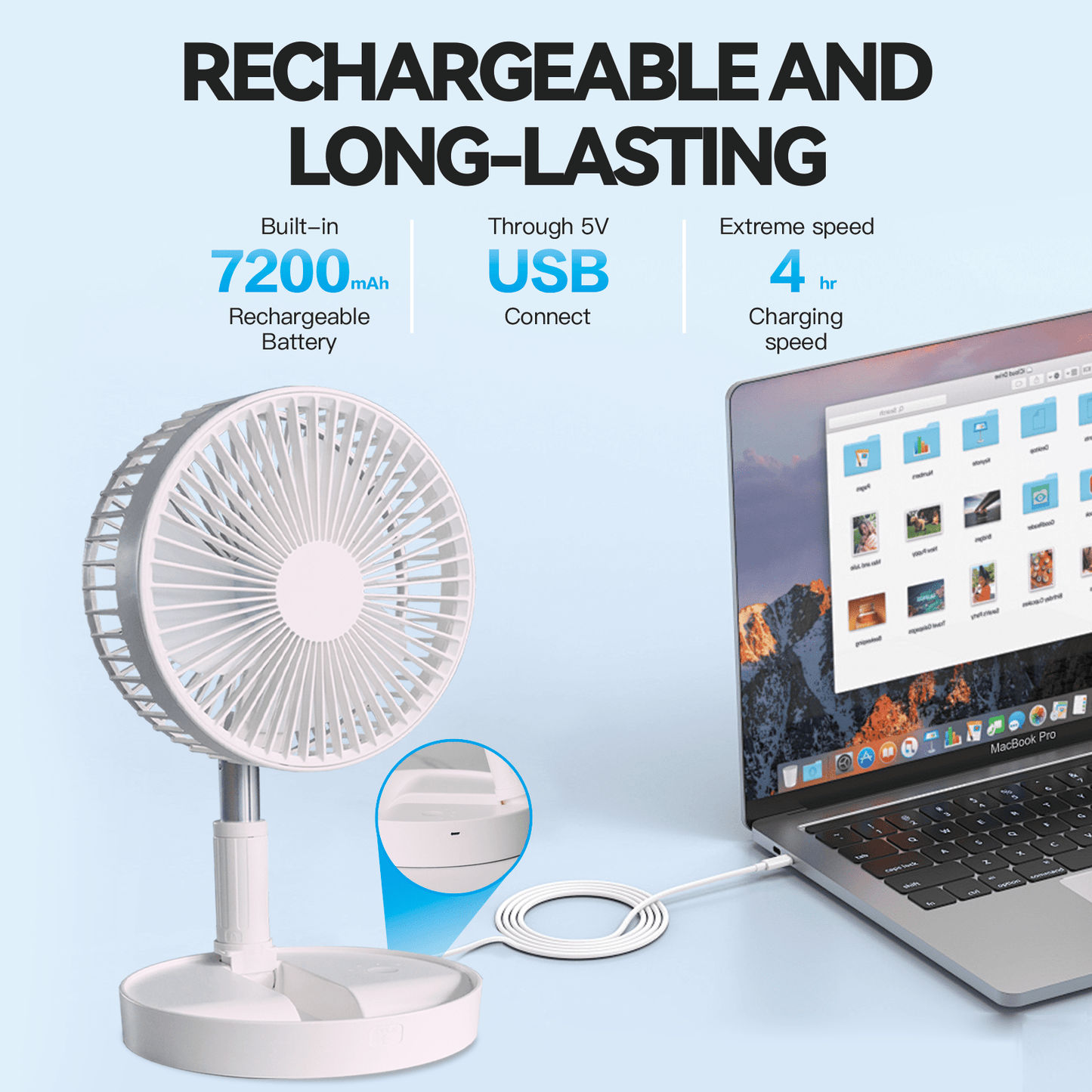 Living Today Fans Folding Telescopic 4.5W Portable Height/Tilt Adjustable Rechargeable Cordless Fan