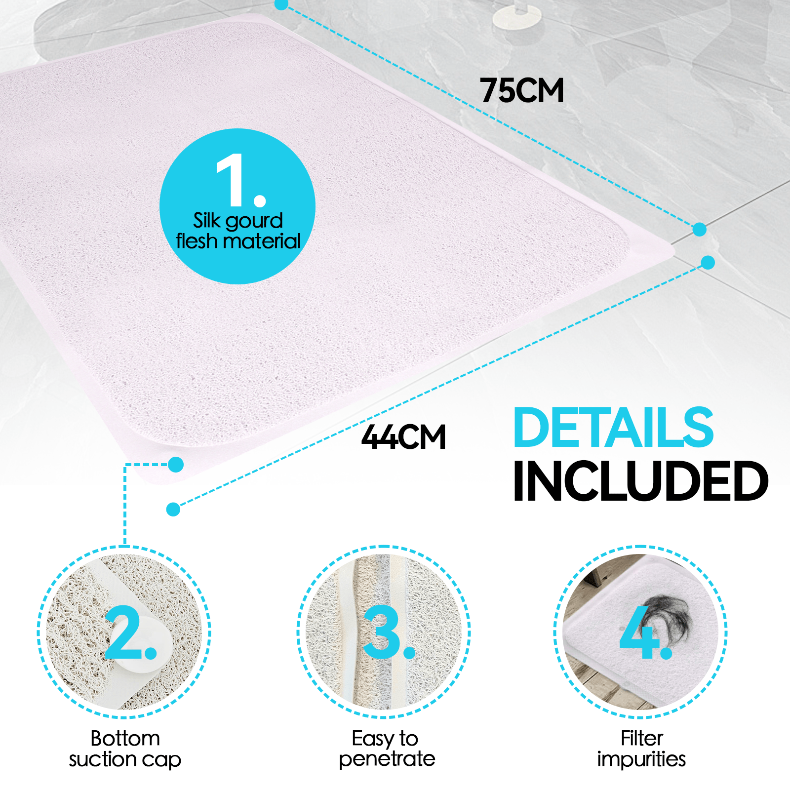 Living Today Homewares Non Slip Loofah Shower Bathtub Mat Bathroom Safe Mat Extra Large 75 x 44 CM