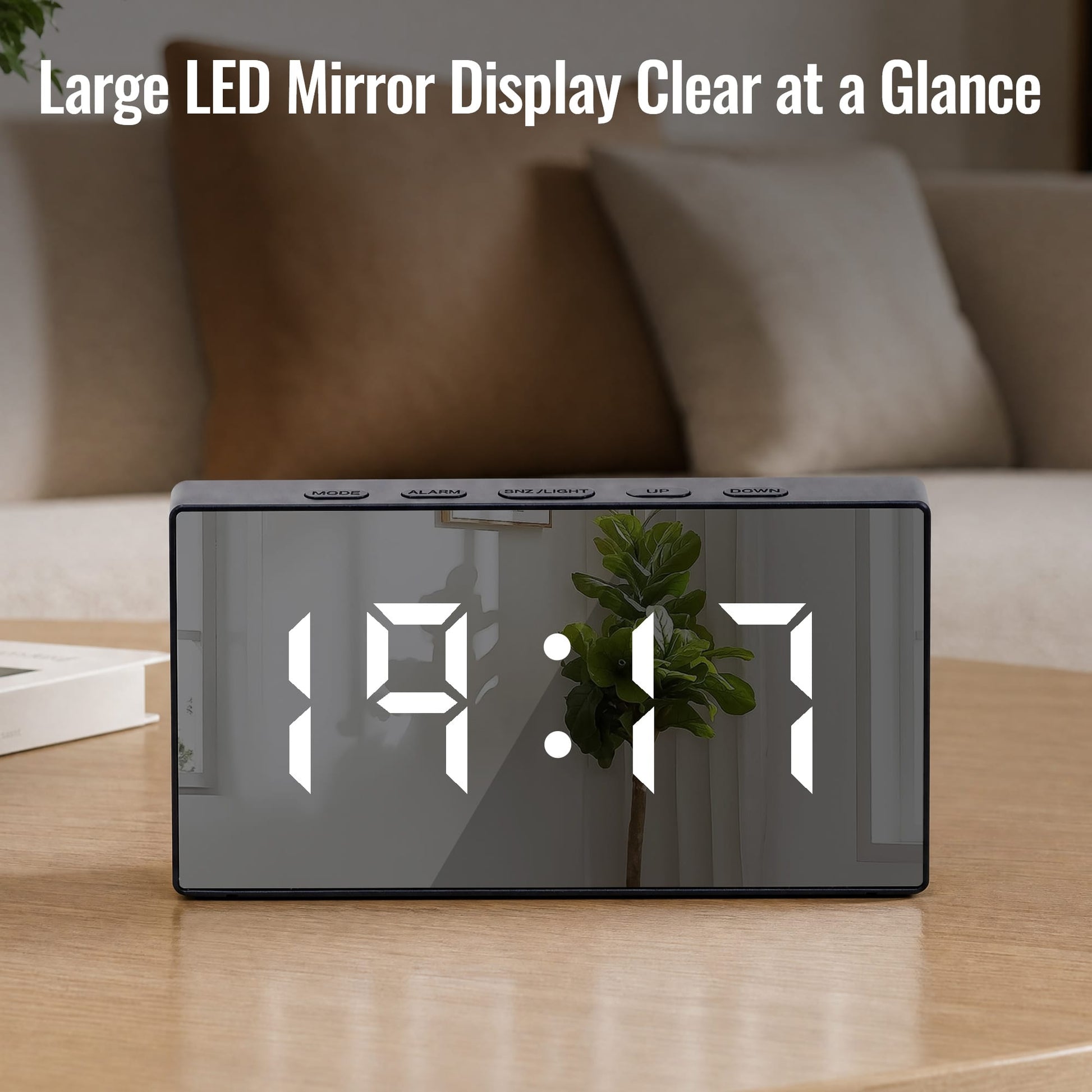 Living Today Clevinger Black LED Mirror Alarm Clock with Snooze | 13cm