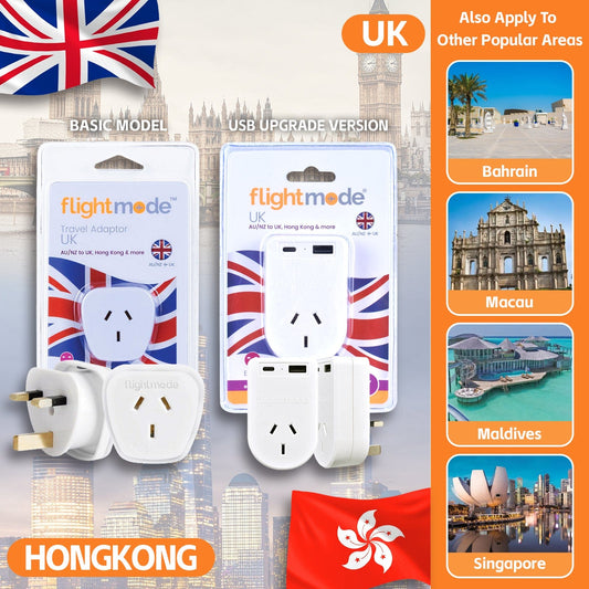 Flightmode travel adptor Flightmode Outbound AU/NZ to UK/HONG KONG Travel Adaptor with USB Type C & A