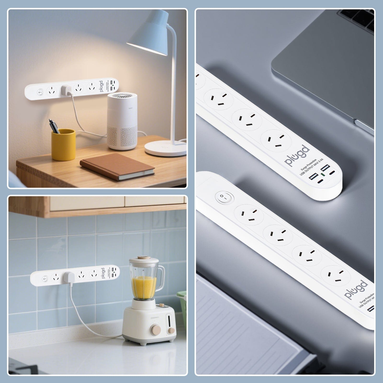 plugd powerboard Plugd 2 USB A + 2 USB C 240V 10A Powerboard with 【Surge Protection】