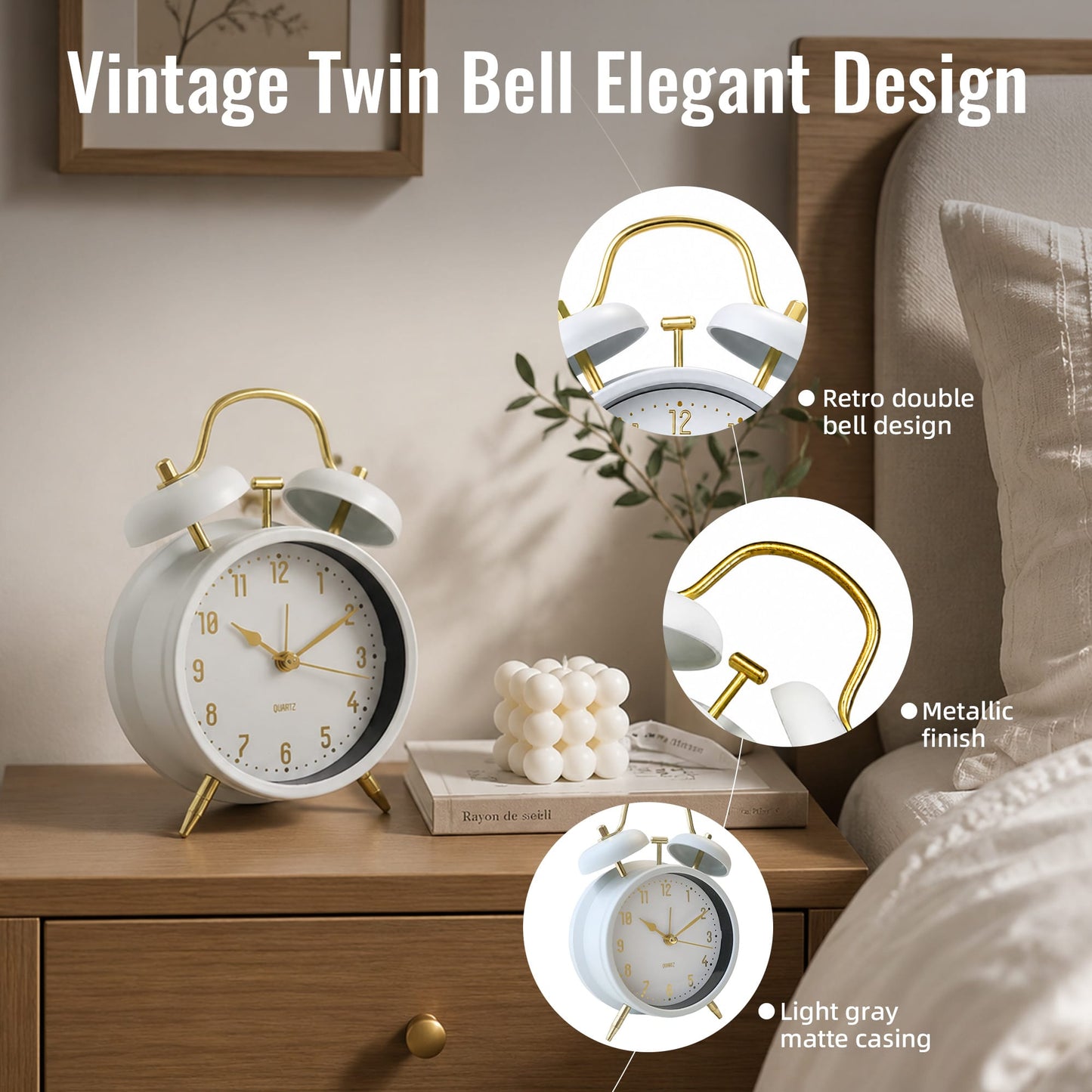 Living Today Clevinger Classic White &amp; Gold Twin Bell Alarm Clock | 16cm