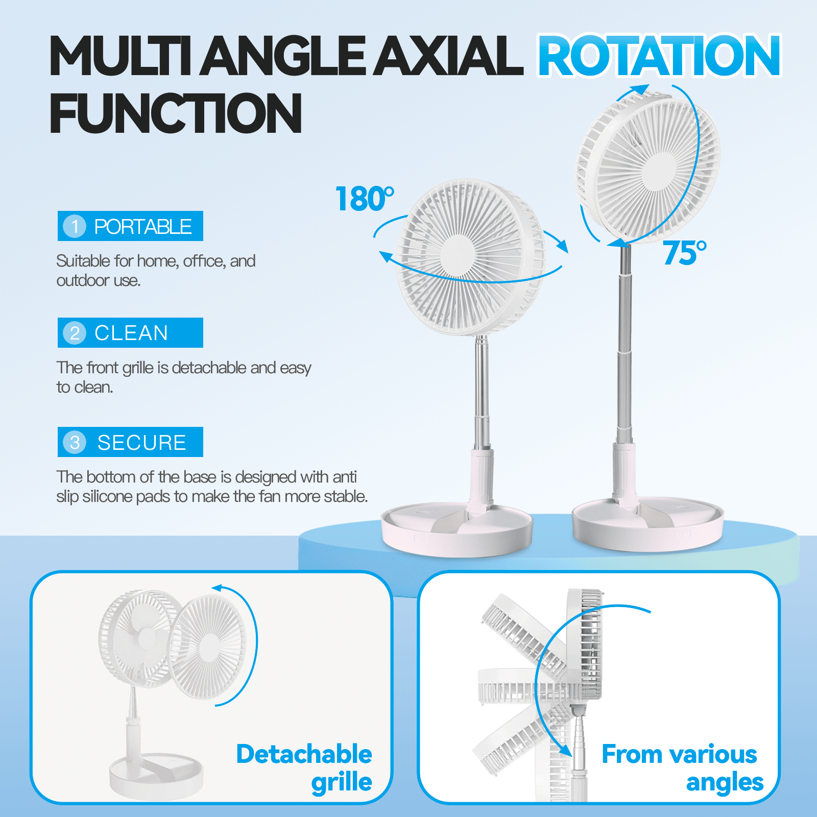 Living Today Fans Folding Telescopic 4.5W Portable Height/Tilt Adjustable Rechargeable Cordless Fan